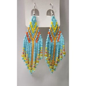 Blue  Seed Bead Fringe Earrings. Chandelier Earrings